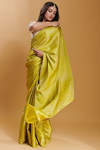 Yellow Handwoven Mulberry Silk Satin Saree by Surmaye