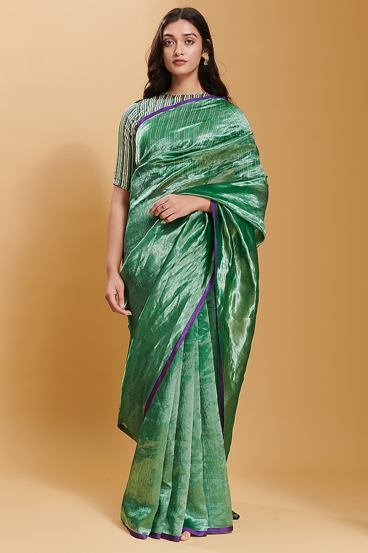 Green Handwoven Mulberry Silk Party Wear Saree by Surmaye at Pernia's Pop Up Shop