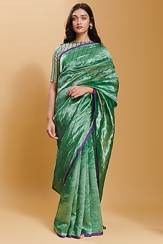 Green Handwoven Mulberry Silk Saree by Surmaye