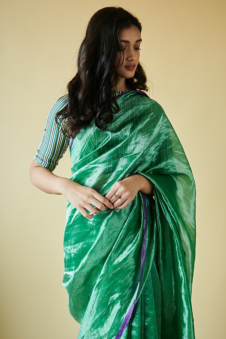 Green Handwoven Mulberry Silk Party Wear Saree by Surmaye at Pernia's Pop Up Shop