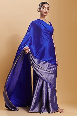 Blue Handwoven Mulberry Silk Satin Saree by Surmaye