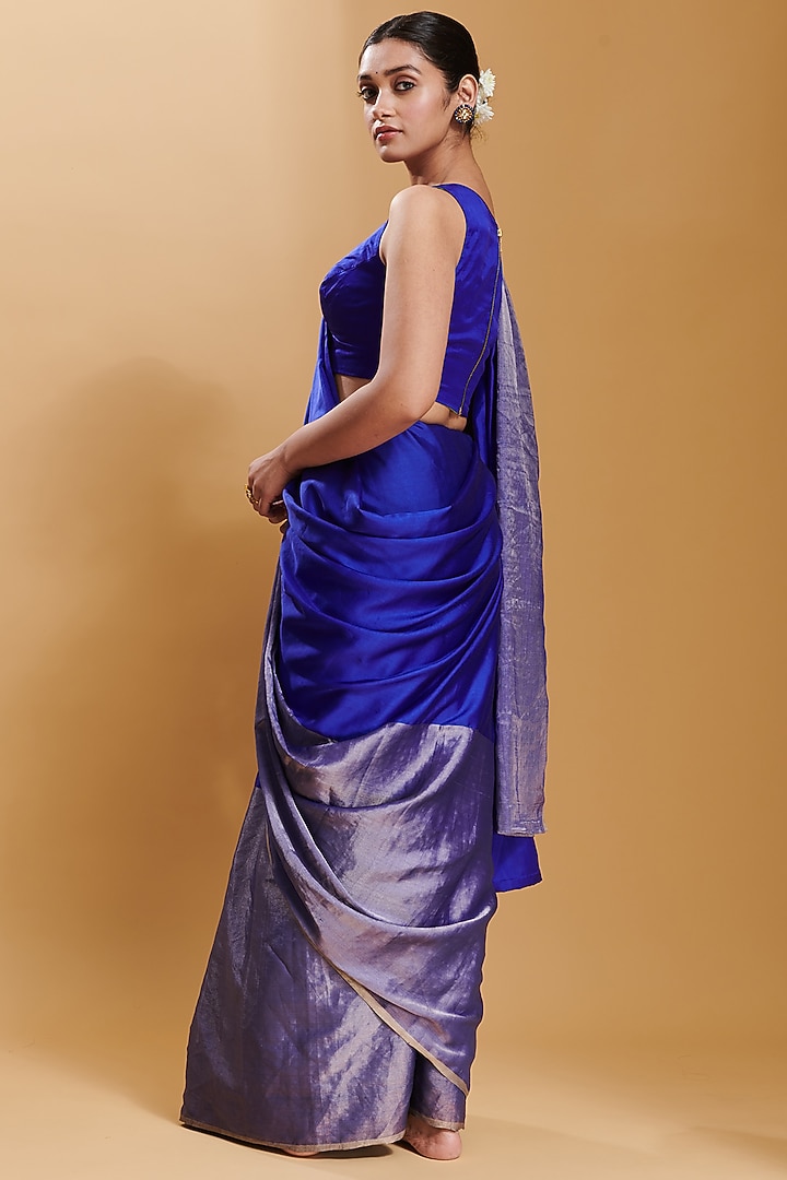 Blue Handwoven Mulberry Silk Satin Party Wear Saree by Surmaye at Pernia's Pop Up Shop