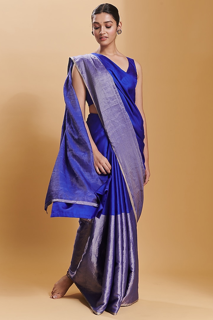 Blue Handwoven Mulberry Silk Satin Party Wear Saree by Surmaye at Pernia's Pop Up Shop