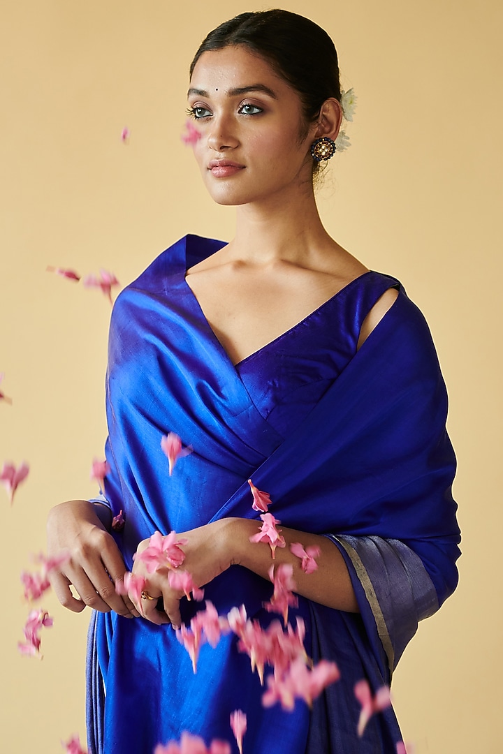 Blue Handwoven Mulberry Silk Satin Party Wear Saree by Surmaye at Pernia's Pop Up Shop