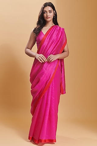 Pink Handwoven Organza Mulberry Silk Saree by Surmaye
