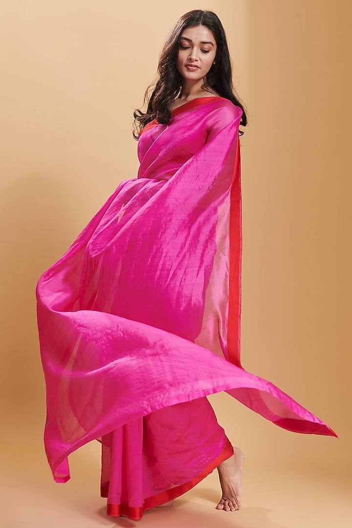 Pink Handwoven Organza Mulberry Silk Party Wear Saree by Surmaye at Pernia's Pop Up Shop