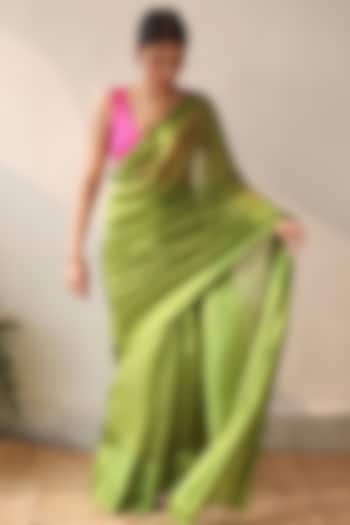 Green Handwoven Organza Mulberry Silk Party Wear Saree by Surmaye at Pernia's Pop Up Shop
