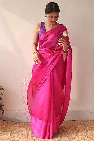 Pink Handwoven Organza Mulberry Silk Saree by Surmaye