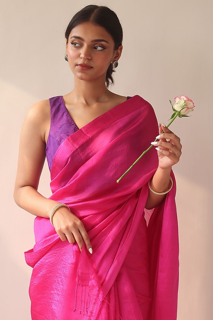 Pink Handwoven Organza Mulberry Silk Party Wear Saree by Surmaye at Pernia's Pop Up Shop