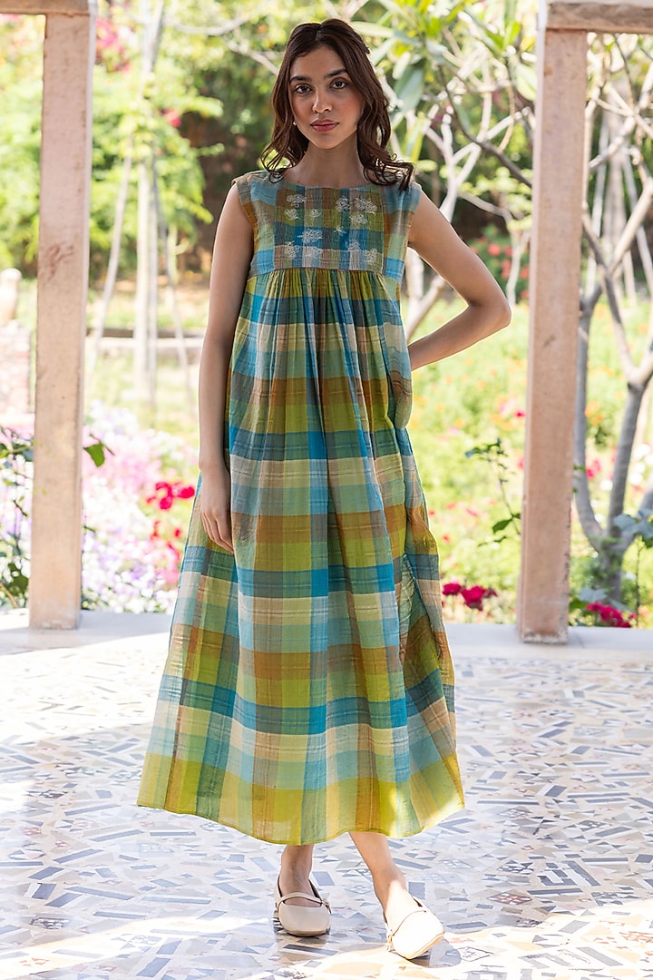 Multi-Colored Handwoven Fine Silk Khadi Embroidered Vacation Dress by Surmaye  at Pernia's Pop Up Shop