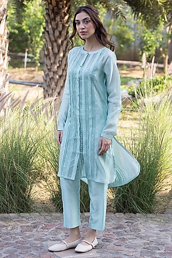 Blue Handwoven Organza Mulberry Silk Embroidered Kurta Set by Surmaye  at Pernia's Pop Up Shop