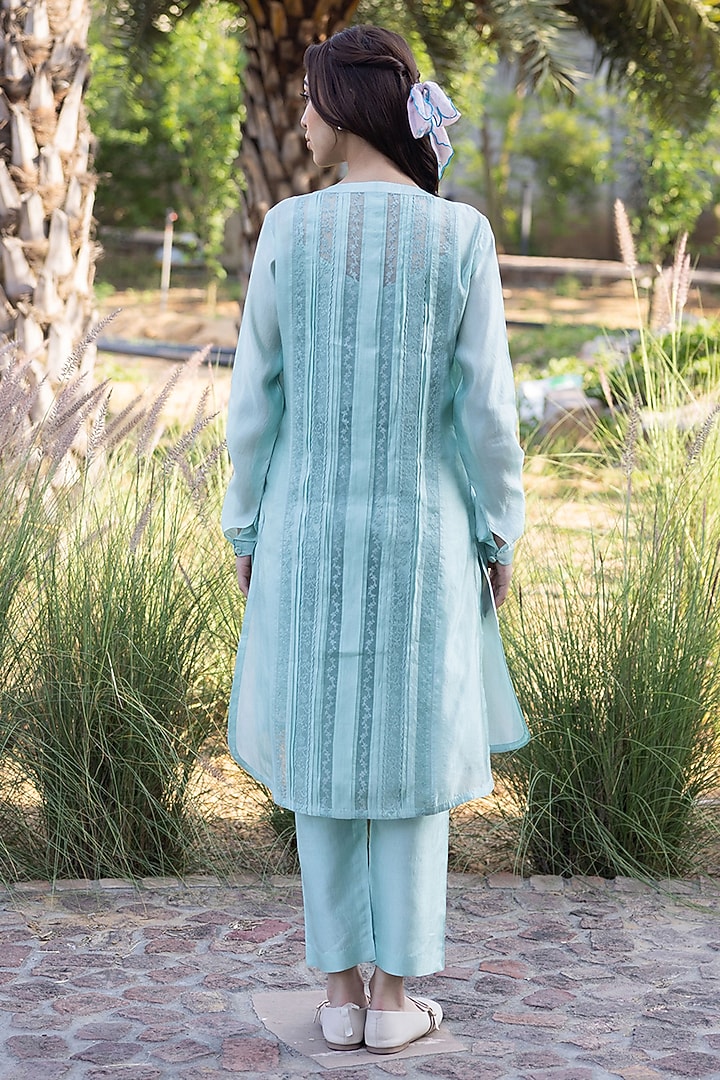 Blue Handwoven Organza Mulberry Silk Embroidered Kurta Set by Surmaye  at Pernia's Pop Up Shop