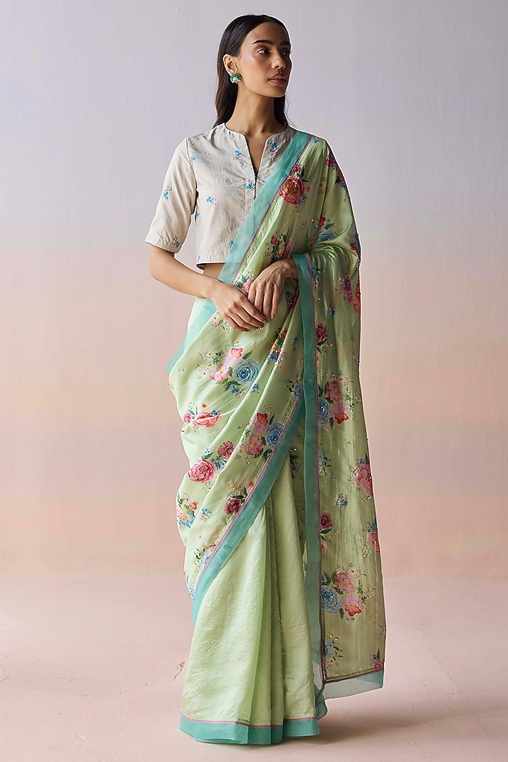 Mint Green Handwoven Organza Mulberry Silk Floral Printed Party Wear Saree by Surmaye at Pernia's Pop Up Shop