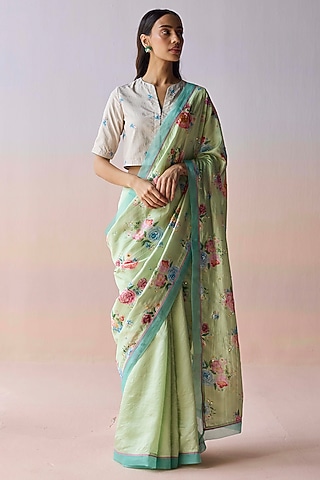 Mint Green Handwoven Organza Mulberry Silk Floral Printed Saree by Surmaye