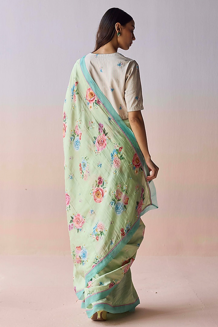 Mint Green Handwoven Organza Mulberry Silk Floral Printed Party Wear Saree by Surmaye at Pernia's Pop Up Shop