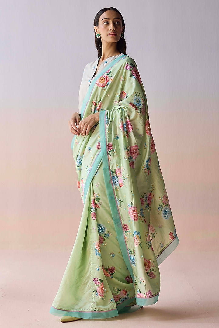 Mint Green Handwoven Organza Mulberry Silk Floral Printed Party Wear Saree by Surmaye at Pernia's Pop Up Shop