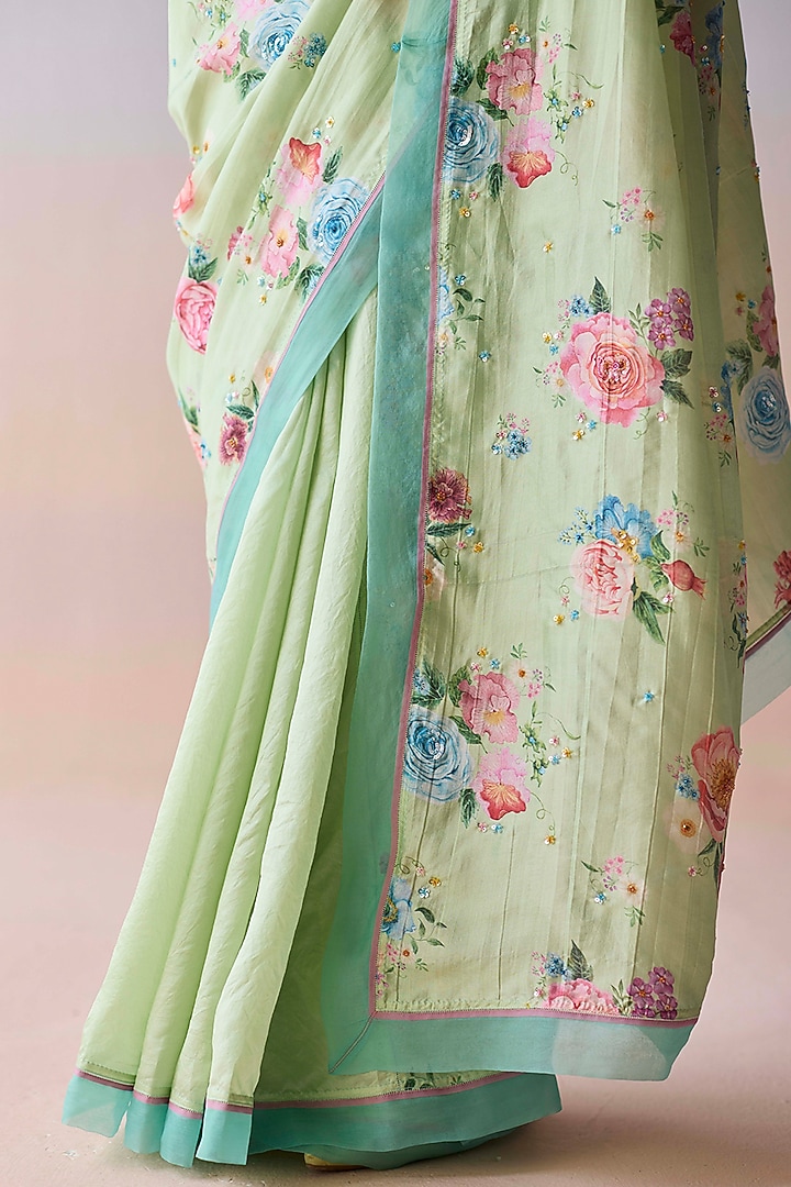 Mint Green Handwoven Organza Mulberry Silk Floral Printed Party Wear Saree by Surmaye at Pernia's Pop Up Shop