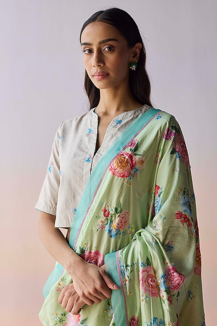 Mint Green Handwoven Organza Mulberry Silk Floral Printed Party Wear Saree by Surmaye at Pernia's Pop Up Shop