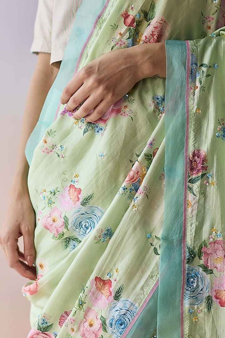 Mint Green Handwoven Organza Mulberry Silk Floral Printed Party Wear Saree by Surmaye at Pernia's Pop Up Shop
