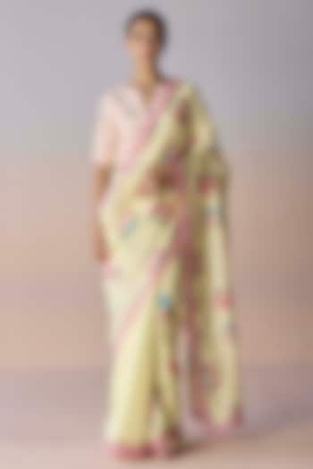 Soft Yellow Handwoven Organza Mulberry Silk Floral Printed Party Wear Saree by Surmaye at Pernia's Pop Up Shop
