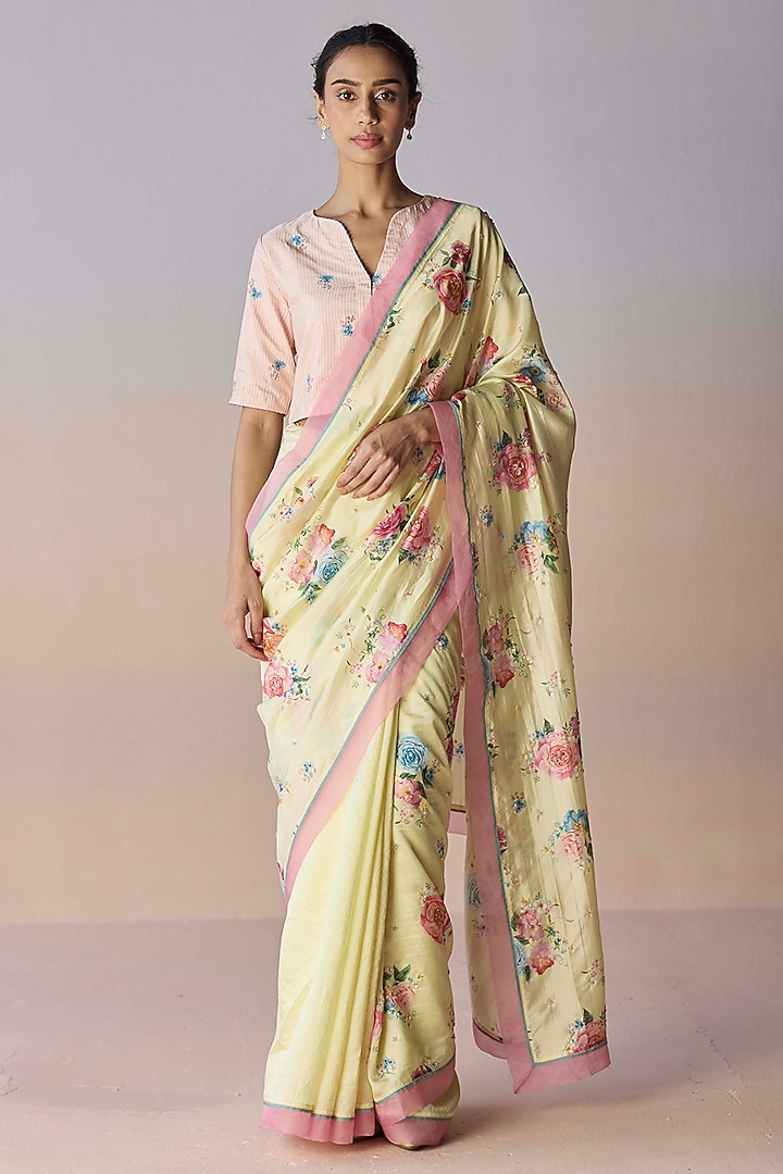 Soft Yellow Handwoven Organza Mulberry Silk Floral Printed Party Wear Saree by Surmaye at Pernia's Pop Up Shop