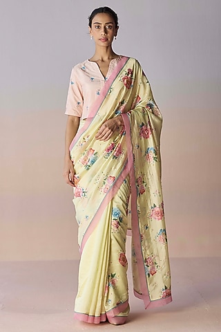Soft Yellow Handwoven Organza Mulberry Silk Floral Printed Saree by Surmaye