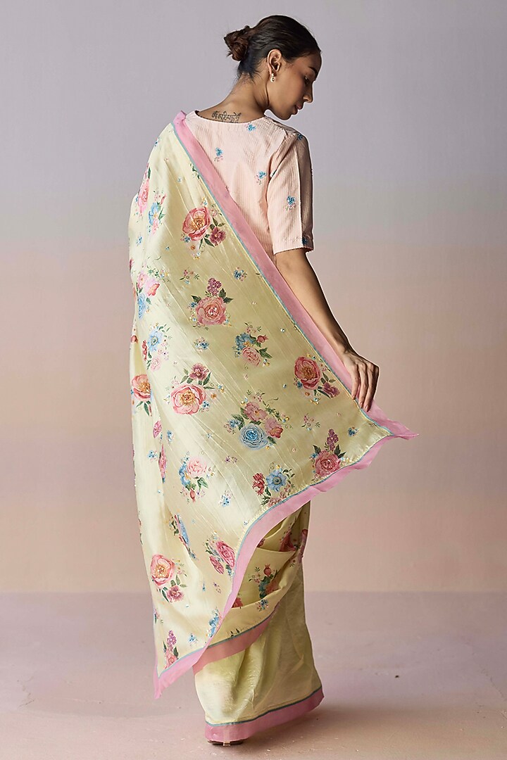 Soft Yellow Handwoven Organza Mulberry Silk Floral Printed Party Wear Saree by Surmaye at Pernia's Pop Up Shop