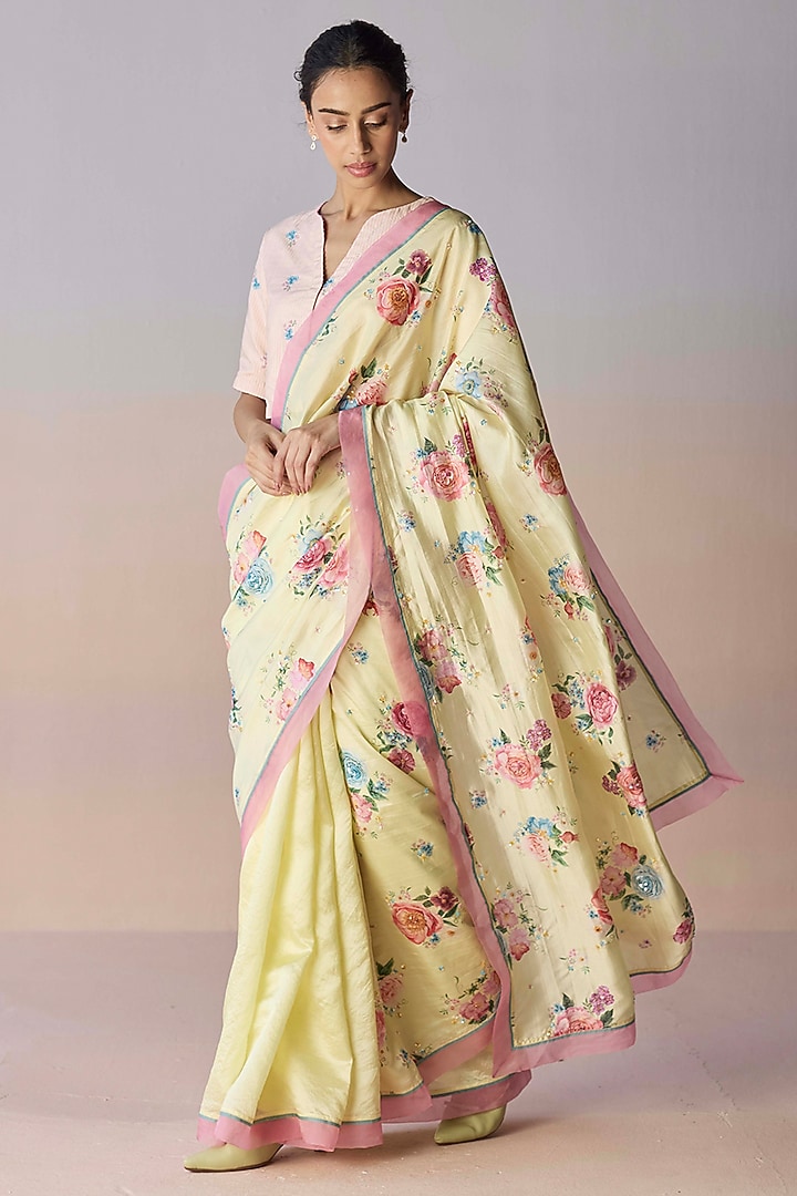 Soft Yellow Handwoven Organza Mulberry Silk Floral Printed Party Wear Saree by Surmaye at Pernia's Pop Up Shop