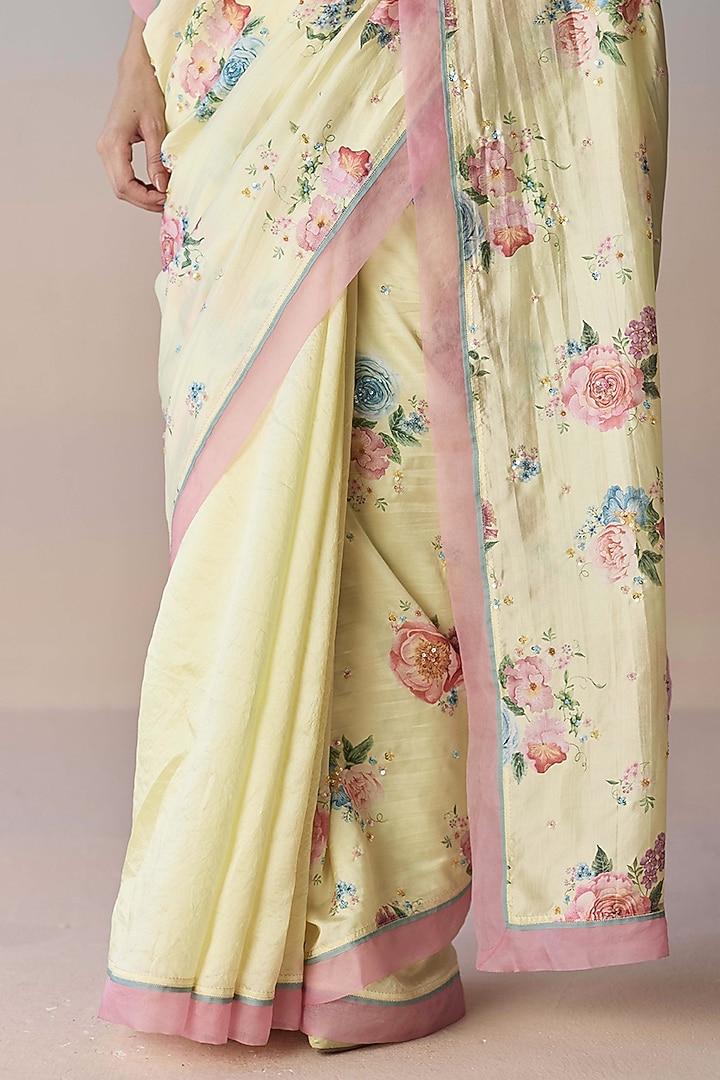 Soft Yellow Handwoven Organza Mulberry Silk Floral Printed Party Wear Saree by Surmaye at Pernia's Pop Up Shop