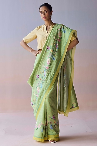 Green Handwoven Organza Mulberry Silk Sequins Embellished Saree by Surmaye