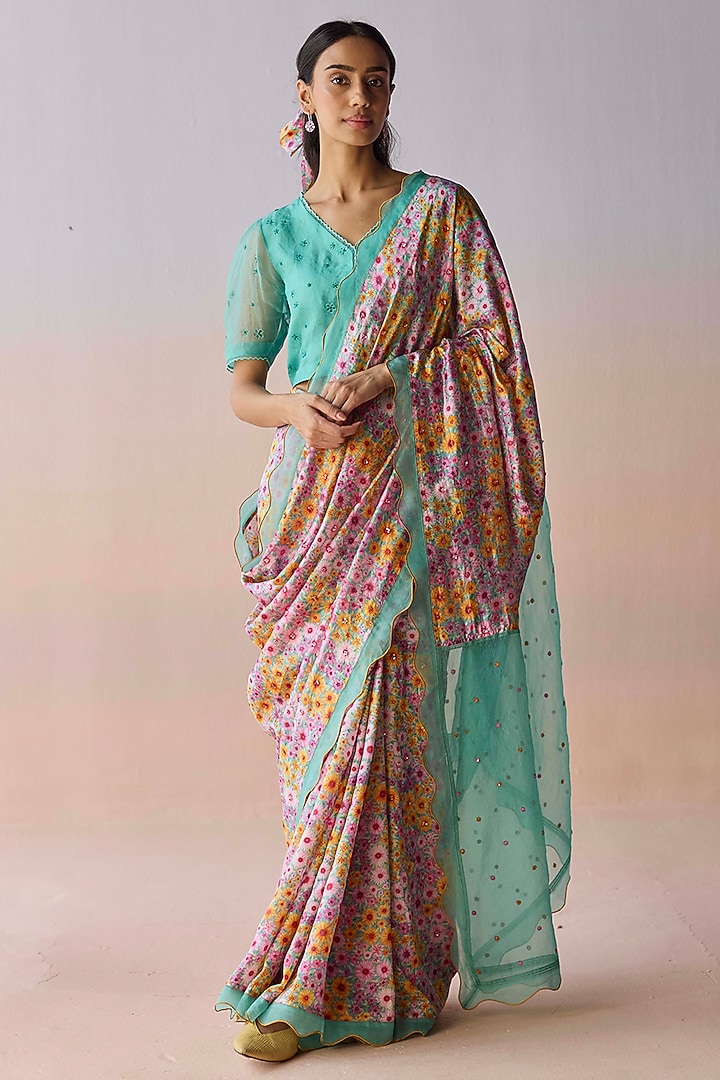 Blue Handwoven Organza Mulberry Silk Floral Printed Party Wear Saree by Surmaye at Pernia's Pop Up Shop