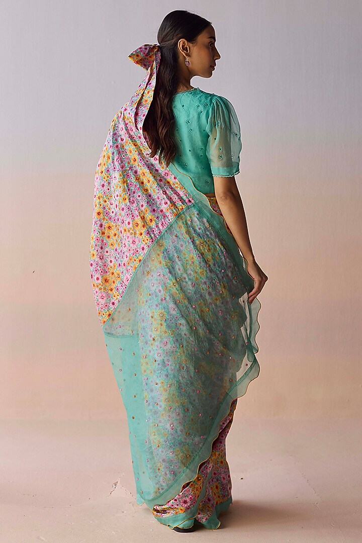 Blue Handwoven Organza Mulberry Silk Floral Printed Party Wear Saree by Surmaye at Pernia's Pop Up Shop