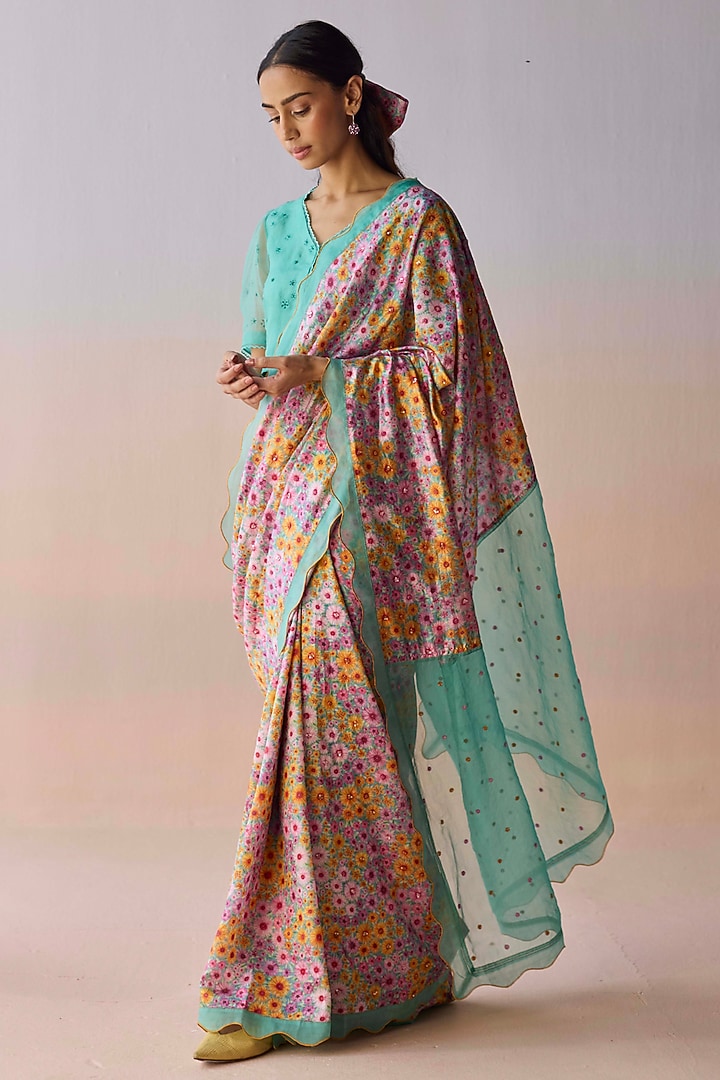 Blue Handwoven Organza Mulberry Silk Floral Printed Party Wear Saree by Surmaye at Pernia's Pop Up Shop