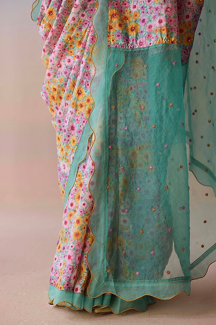 Blue Handwoven Organza Mulberry Silk Floral Printed Party Wear Saree by Surmaye at Pernia's Pop Up Shop