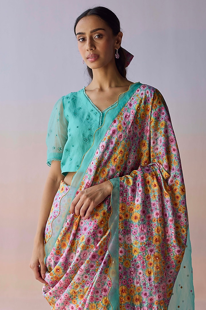 Blue Handwoven Organza Mulberry Silk Floral Printed Party Wear Saree by Surmaye at Pernia's Pop Up Shop