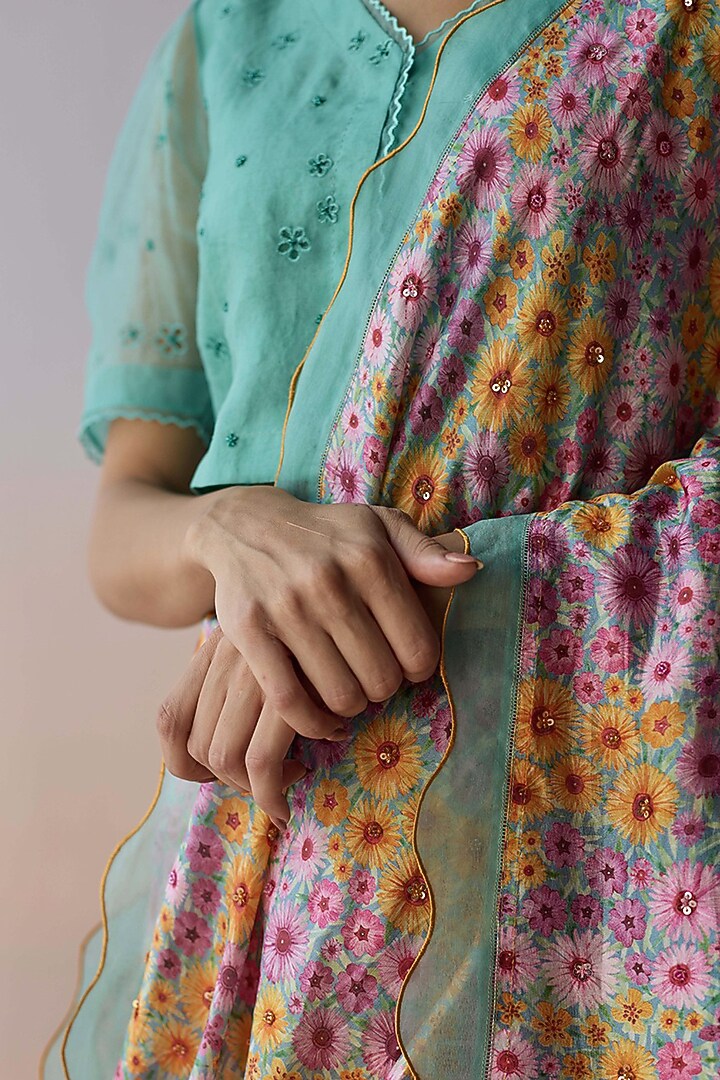 Blue Handwoven Organza Mulberry Silk Floral Printed Party Wear Saree by Surmaye at Pernia's Pop Up Shop