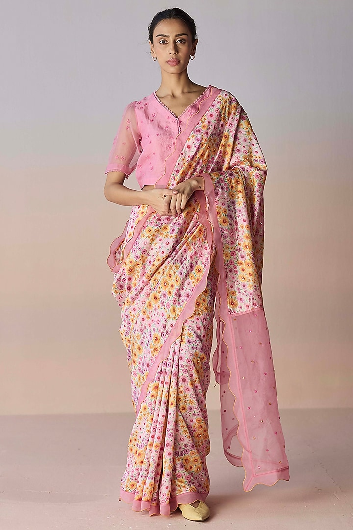 Pink Handwoven Organza Mulberry Silk Floral Printed Party Wear Saree by Surmaye at Pernia's Pop Up Shop