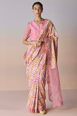 Pink Handwoven Organza Mulberry Silk Floral Printed Saree by Surmaye