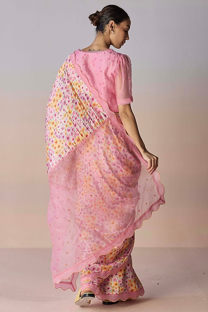 Pink Handwoven Organza Mulberry Silk Floral Printed Party Wear Saree by Surmaye at Pernia's Pop Up Shop