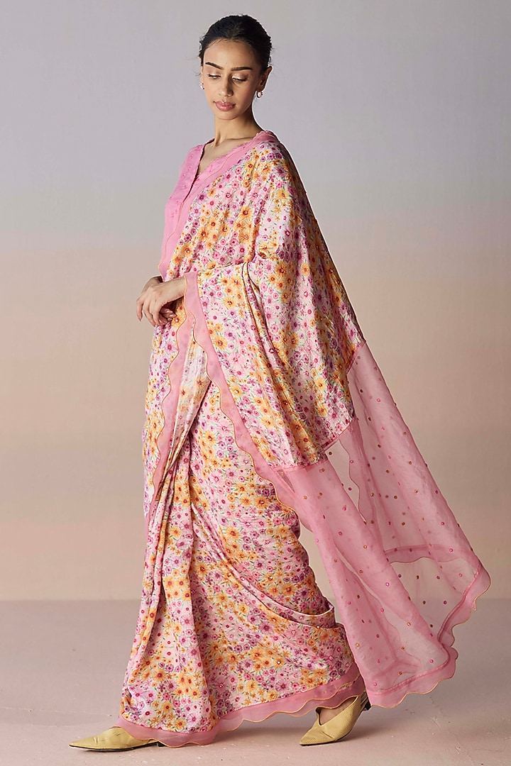 Pink Handwoven Organza Mulberry Silk Floral Printed Party Wear Saree by Surmaye at Pernia's Pop Up Shop