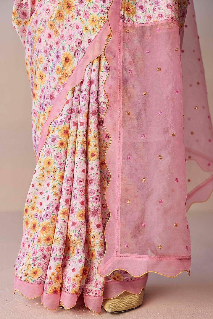 Pink Handwoven Organza Mulberry Silk Floral Printed Party Wear Saree by Surmaye at Pernia's Pop Up Shop