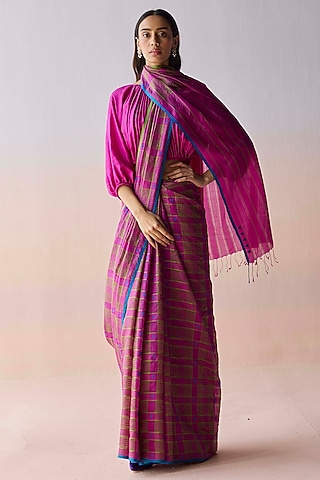Pink Handwoven Organza Mulberry Silk Checkered Saree by Surmaye