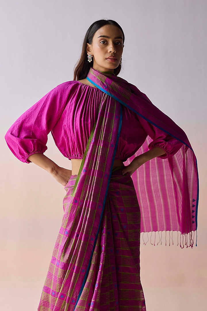 Pink Handwoven Organza Mulberry Silk Checkered Party Wear Saree by Surmaye at Pernia's Pop Up Shop