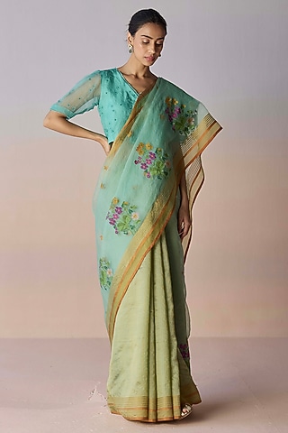 Sea Green Handwoven Organza Mulberry Silk Jamdani Motif Saree by Surmaye
