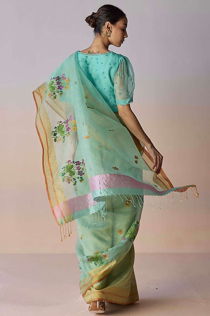 Sea Green Handwoven Organza Mulberry Silk Jamdani Motif Wedding Saree by Surmaye at Pernia's Pop Up Shop