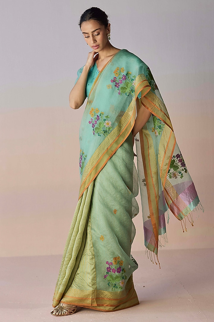 Sea Green Handwoven Organza Mulberry Silk Jamdani Motif Wedding Saree by Surmaye at Pernia's Pop Up Shop