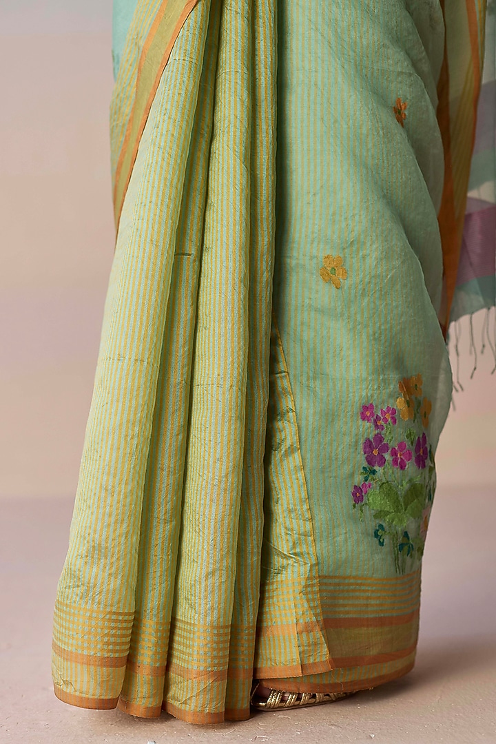 Sea Green Handwoven Organza Mulberry Silk Jamdani Motif Wedding Saree by Surmaye at Pernia's Pop Up Shop