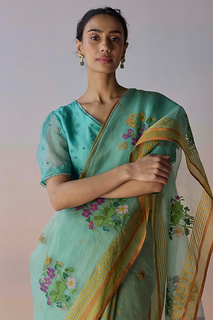 Sea Green Handwoven Organza Mulberry Silk Jamdani Motif Wedding Saree by Surmaye at Pernia's Pop Up Shop