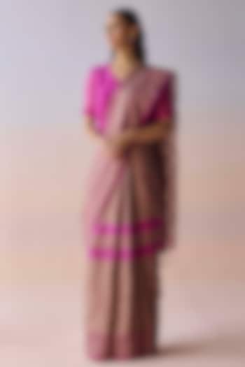 Brown & Pink Handwoven Organza Mulberry Silk Striped Wedding Saree by Surmaye at Pernia's Pop Up Shop