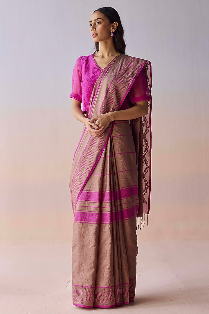 Brown & Pink Handwoven Organza Mulberry Silk Striped Wedding Saree by Surmaye at Pernia's Pop Up Shop